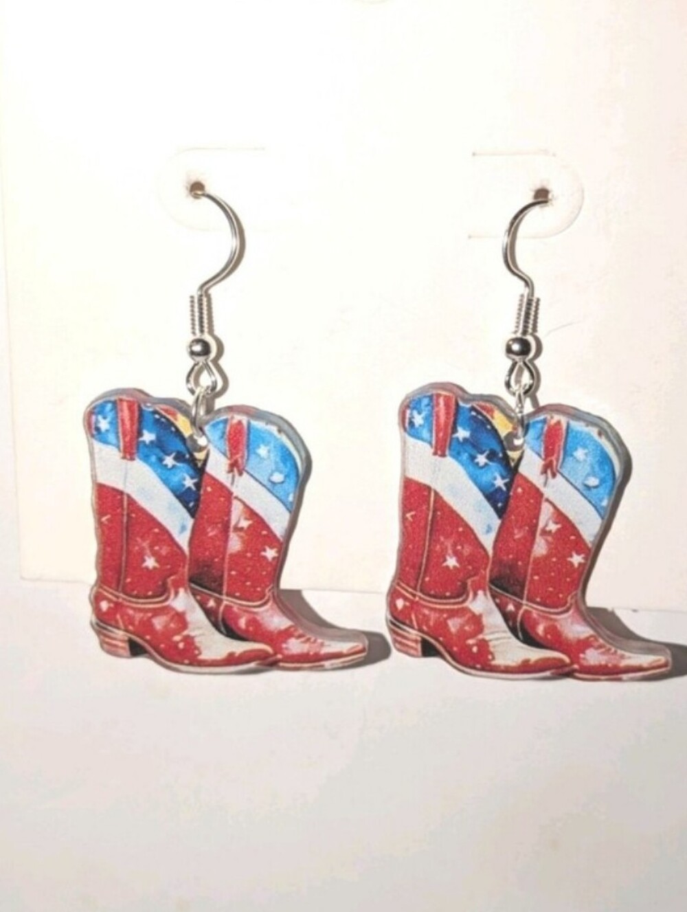 Patriotic Cowboy Boot Dangle Earrings - Red, White & Blue